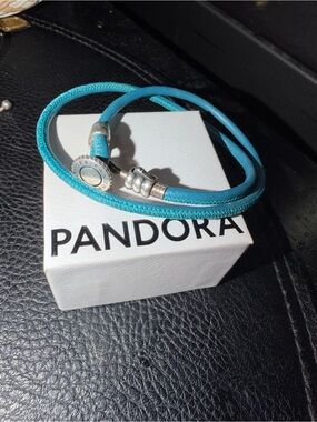 Pandora Turquoise Double-Wrap Leather Bracelet with Silver Clasp